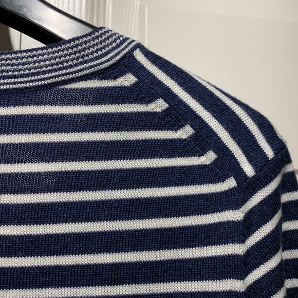 New Lacoste women V-neck wool blend striped sweater in navy blue & white size 36 - Picture 7 of 12
